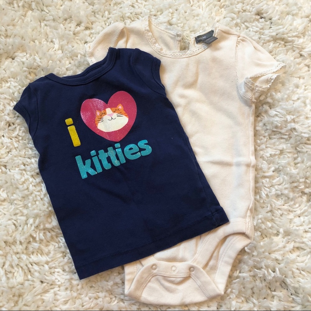 18 MONTH KITTY PURPLE SHORT SLEEVE SHIRT AND ONESIE BUNDLE